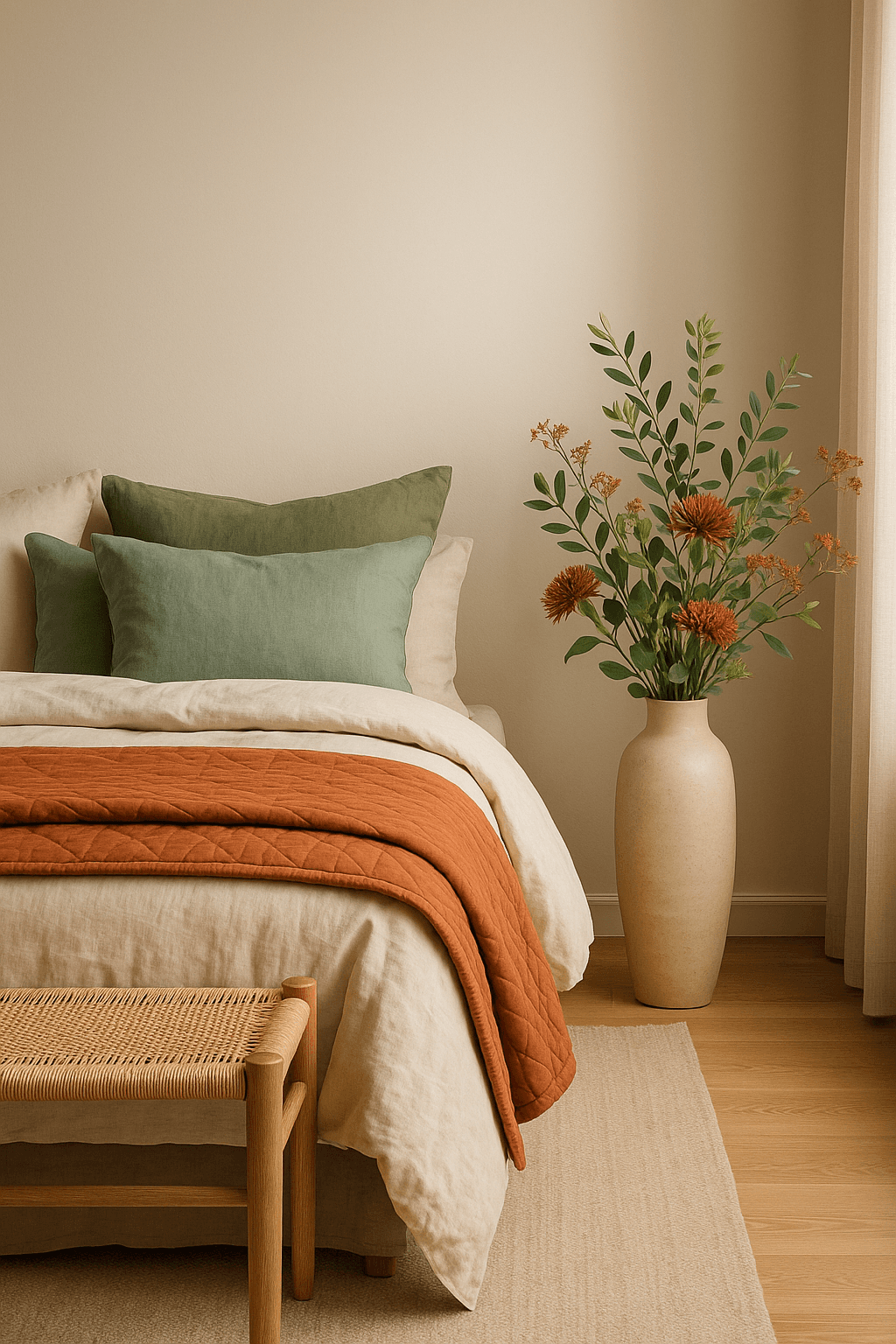 Calm bedroom corner with layered linen bedding, a terracotta quilt, and fresh greenery