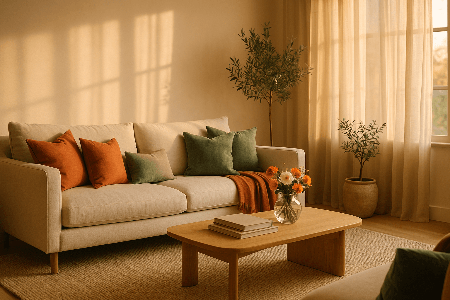 Modern-organic living room with a cream linen sofa, terracotta and sage cushions, and golden-hour light