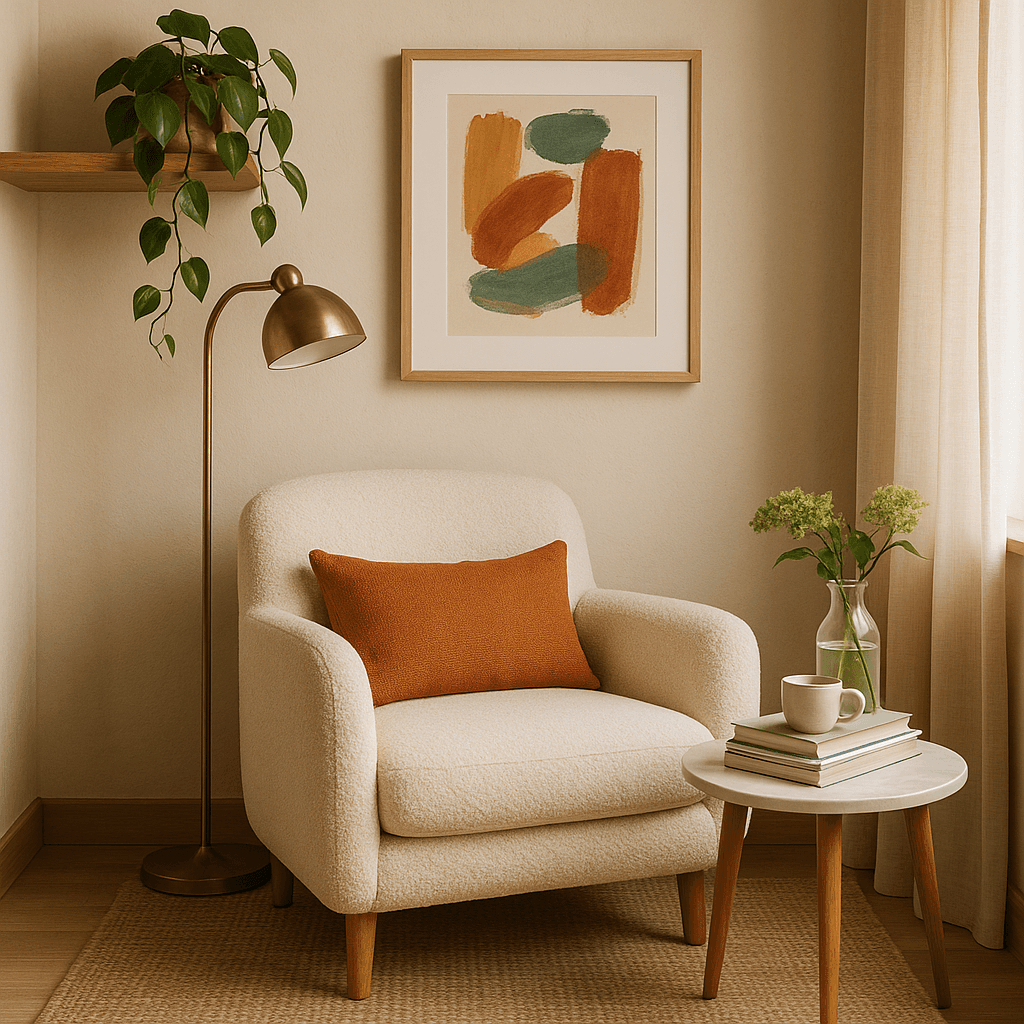 Warm minimalist living room corner with a cream armchair, side table, and soft natural light