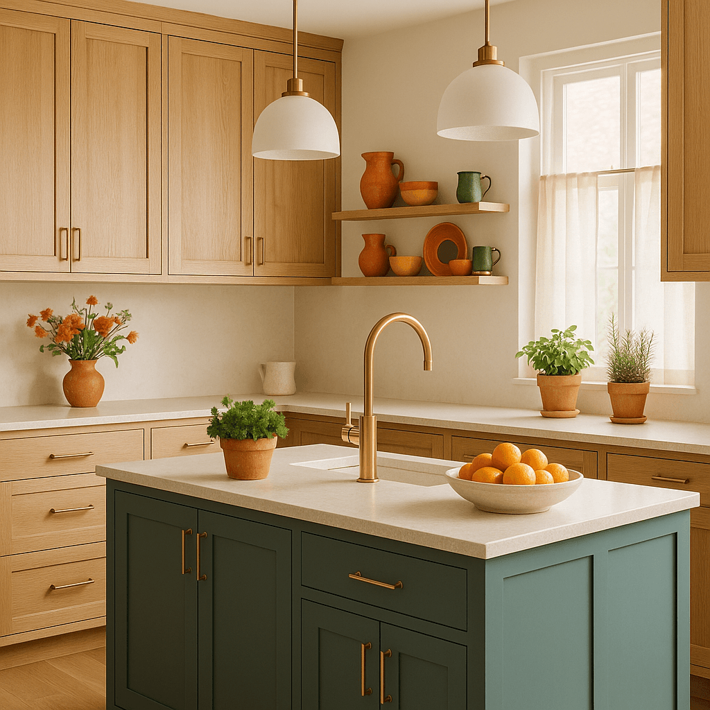 Bright modern kitchen under construction styling with light wood cabinetry and brass fixtures