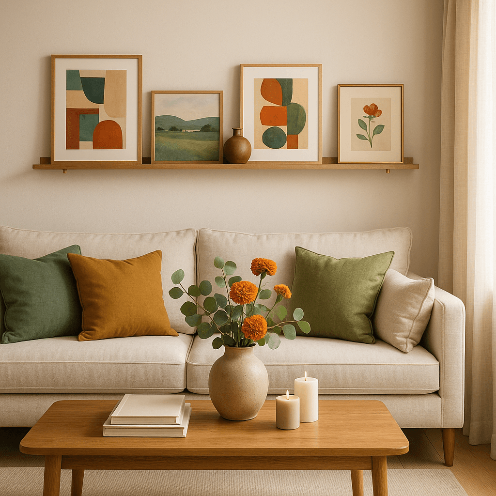 Styled neutral-toned living room with linen sofa, wooden coffee table, and layered decor